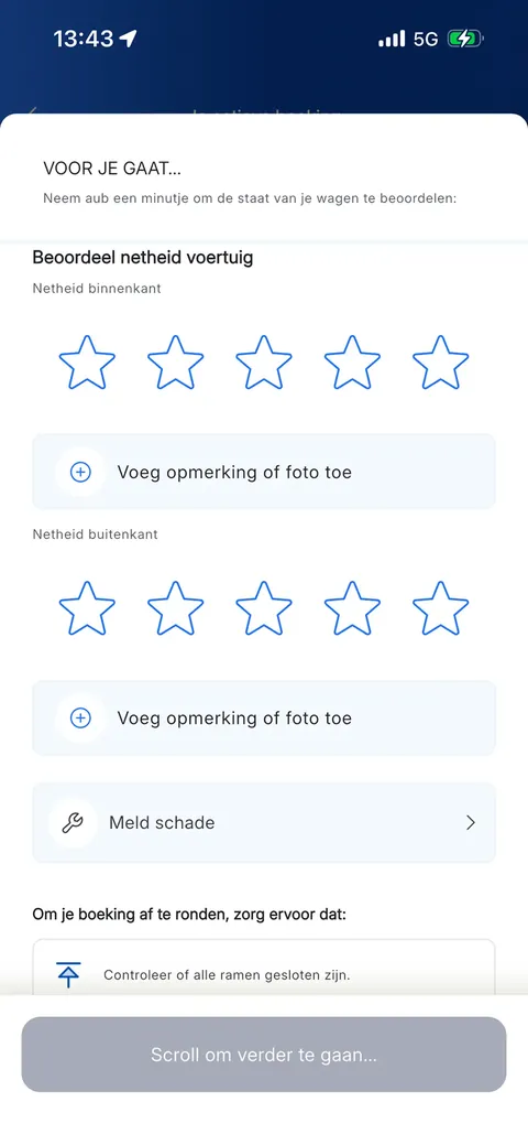 Schadecheck bij het afsluiten, met een score voor de netheid binnen en buiten en de knop Meld schade