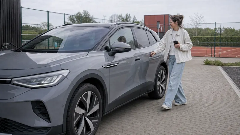 Iemand loopt langs een grijze Volkswagen ID.4 met een hand op de zijkant, op een geplaveide oprit bij een sportterrein