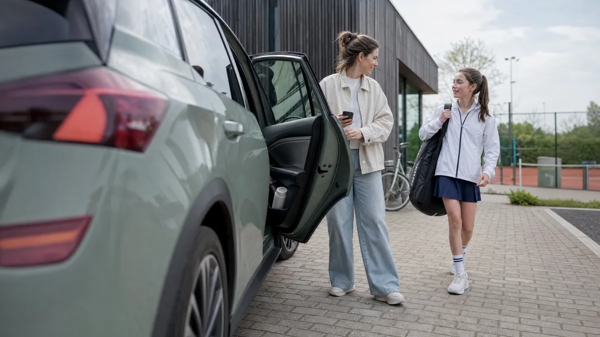 Moeder en dochter stappen in een elektrische wagen bij de sportclub