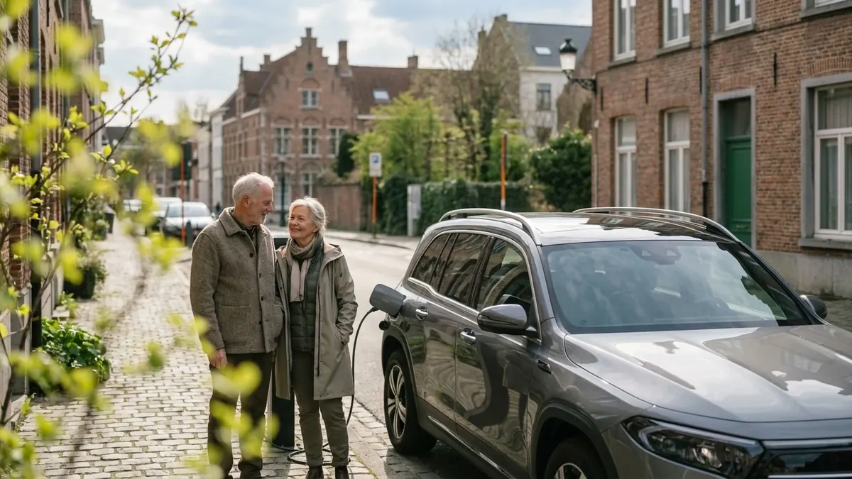 Een ouder koppel staat naast een grijze elektrische SUV die laadt in een Vlaamse straat met bakstenen huizen