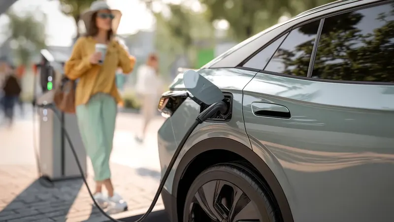 Een laadkabel zit in een lichte elektrische SUV aan een publiek laadpunt, op de achtergrond wacht iemand met een koffie
