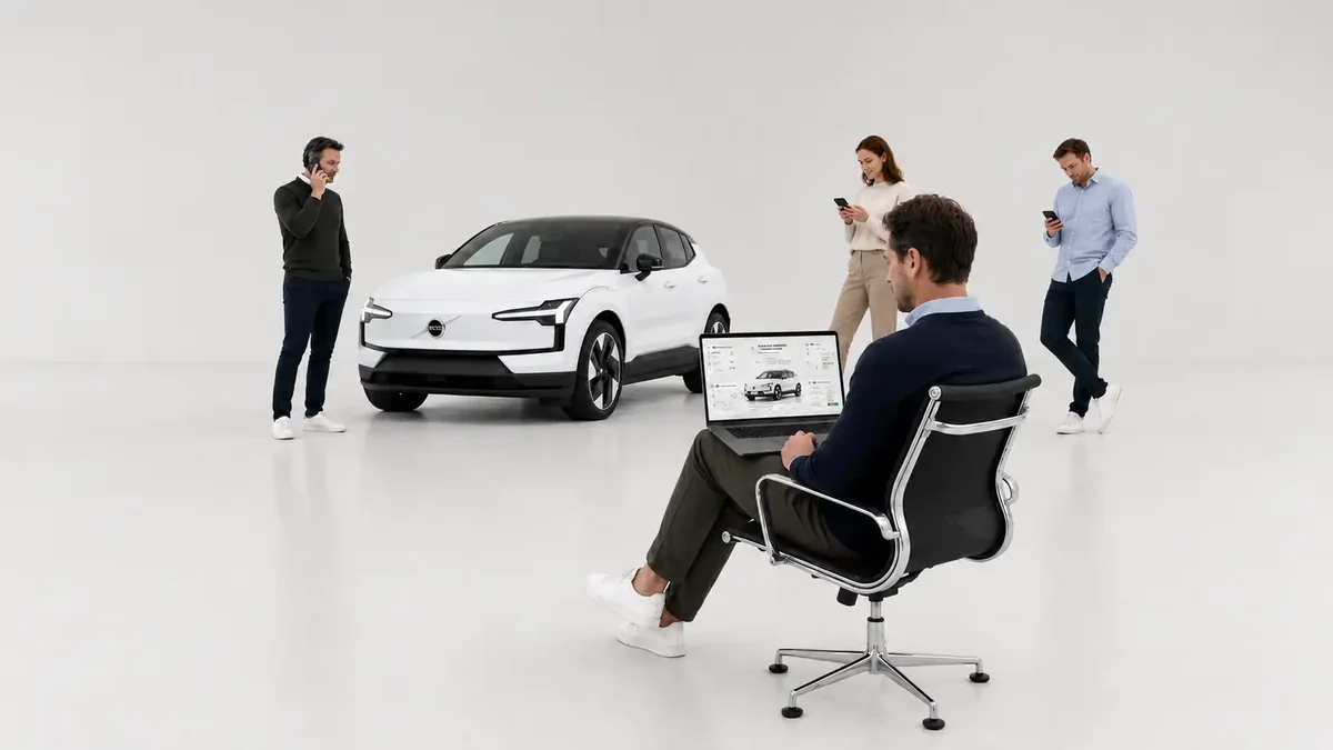 Een fleet manager zit met een laptop op schoot waarop het MobilityOS-overzicht van een wagen staat; achter hem een witte elektrische Volvo en drie collega's met hun telefoon in de hand