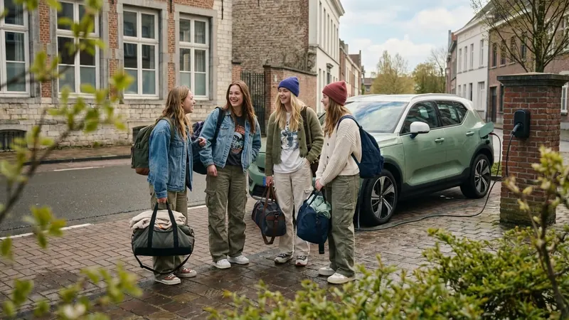 Vier jonge mensen met weekendtassen bij een groene elektrische wagen die laadt in een Vlaamse straat