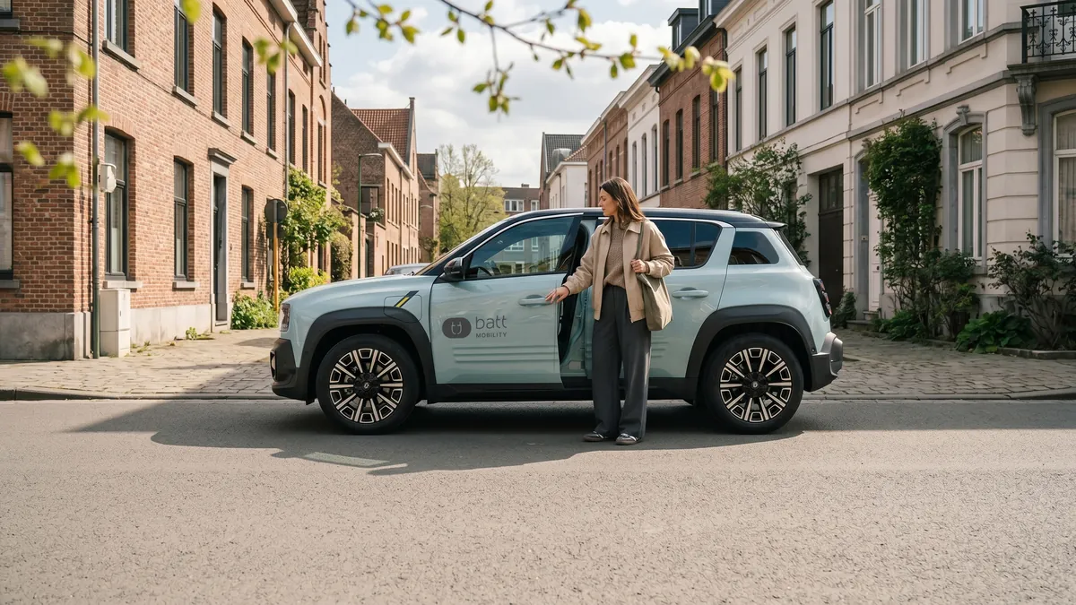 Een vrouw stapt in een lichtblauwe elektrische deelwagen van BattMobility in een woonstraat