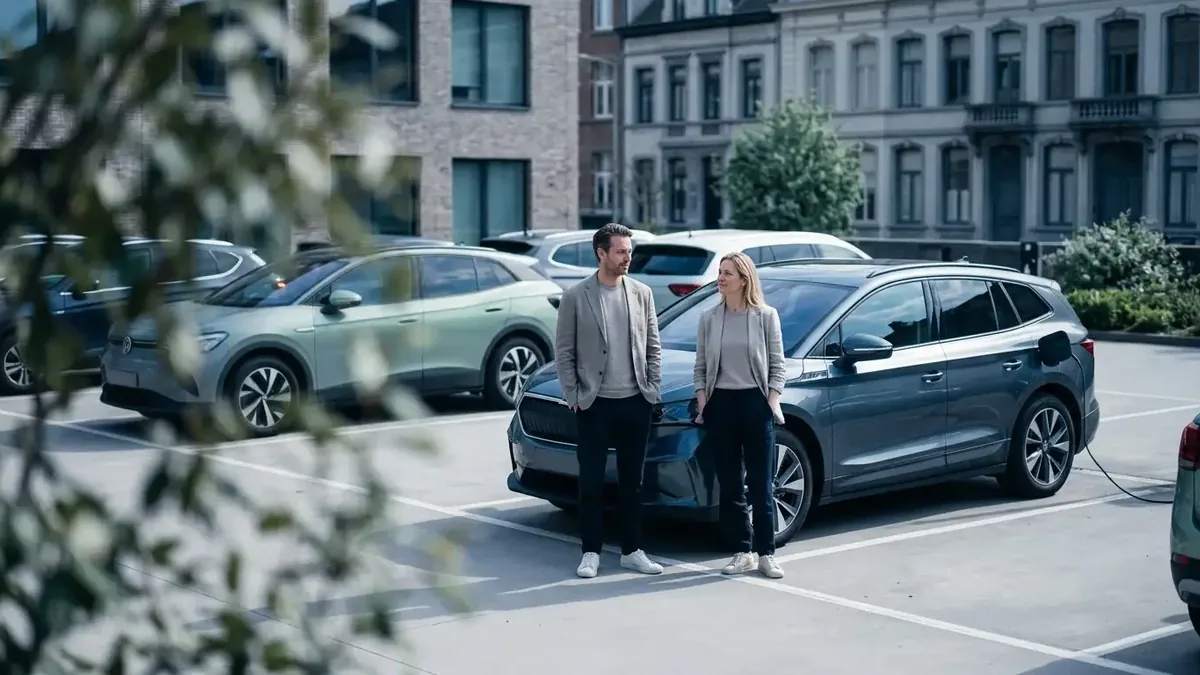 Twee collega's lopen naar een elektrische wagen op een bedrijfsparking