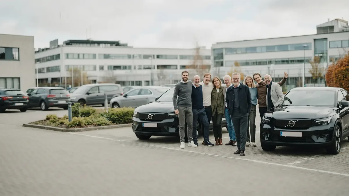 Een team poseert bij twee elektrische poolwagens voor het kantoor