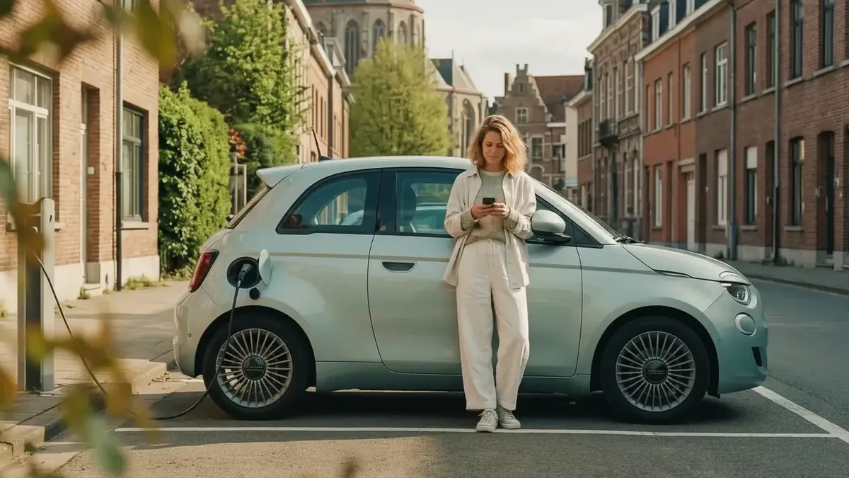 Een vrouw staat met haar telefoon naast een mintgroene Fiat 500e die laadt in een straat