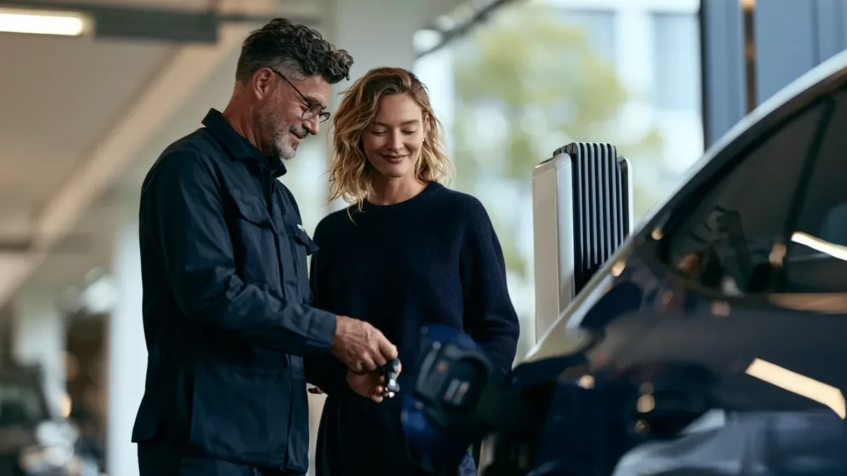 Twee collega's bekijken samen een telefoon bij een elektrische wagen in een parkeergarage