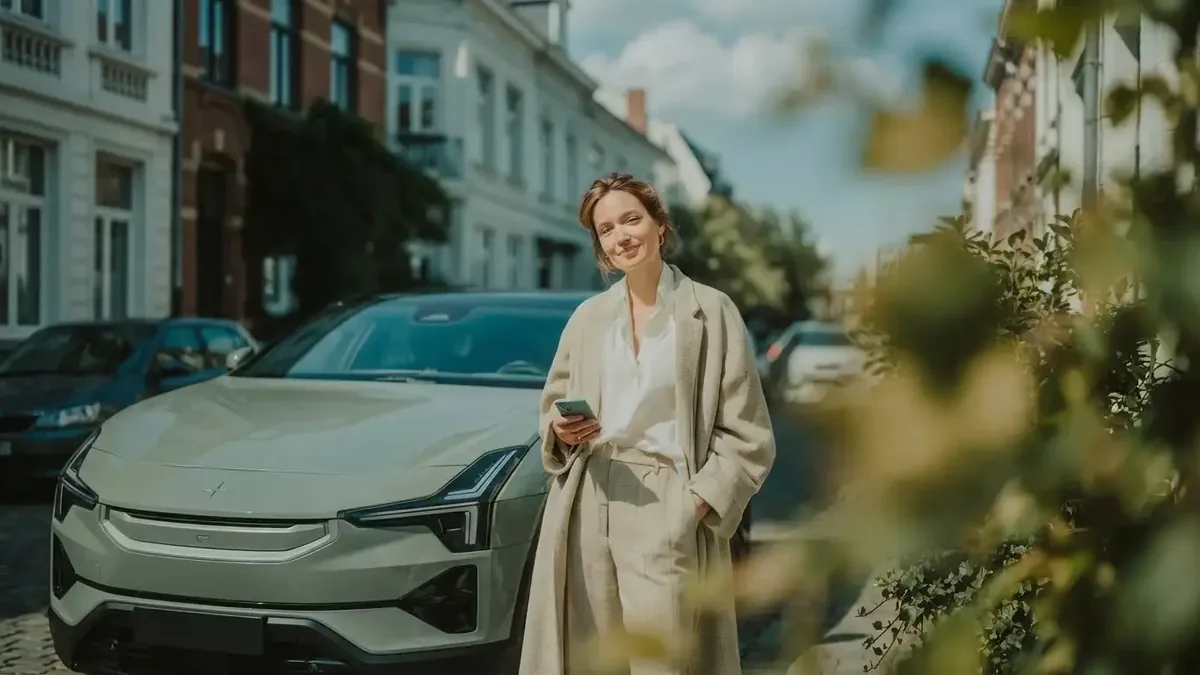 Een vrouw in een beige jas staat met haar telefoon naast een zwarte Polestar in een Vlaamse straat