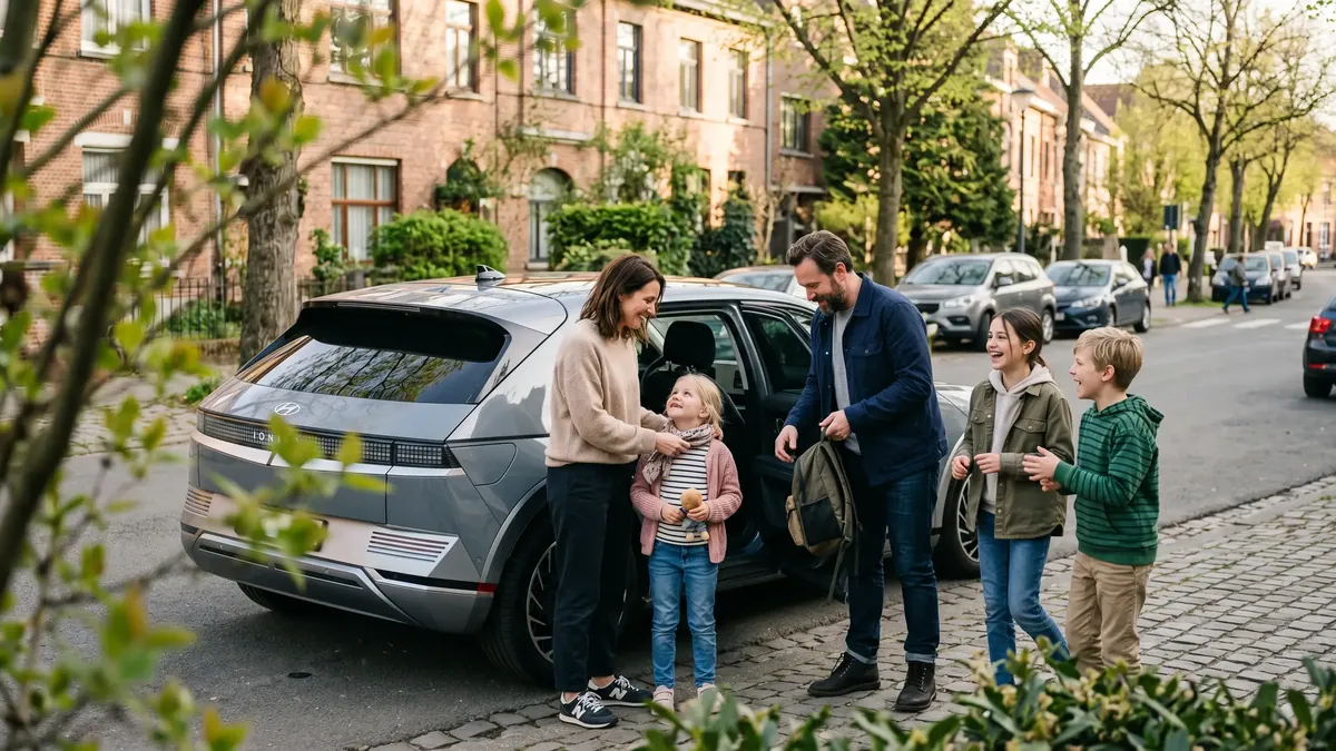 Een gezin met drie kinderen staat bij de open deur van een grijze elektrische wagen in een woonstraat
