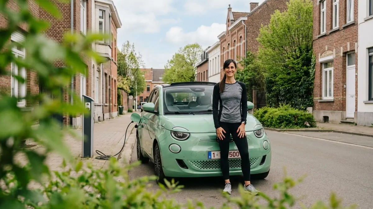 Een lichtgroene Fiat 500e laadt aan een laadpunt in een Vlaamse woonstraat, iemand staat ervoor