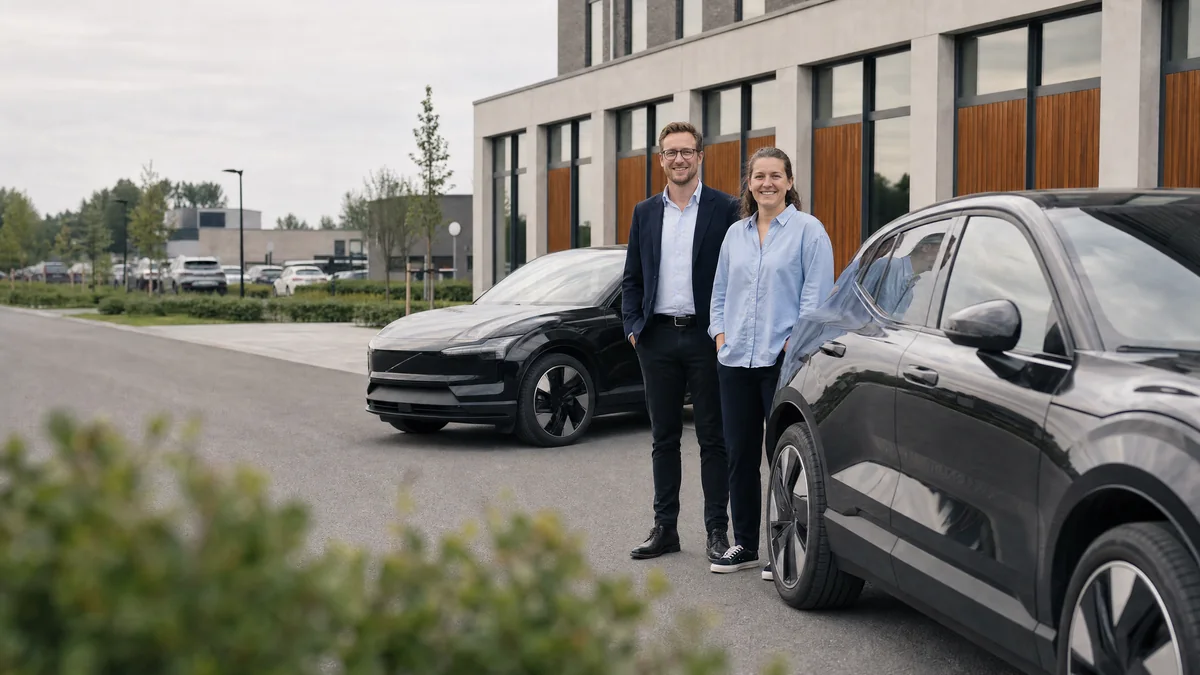 Een man in blazer en een vrouw in lichtblauwe blouse staan lachend tussen twee zwarte elektrische Volvo's op een bedrijfsparking voor een kantoorgebouw
